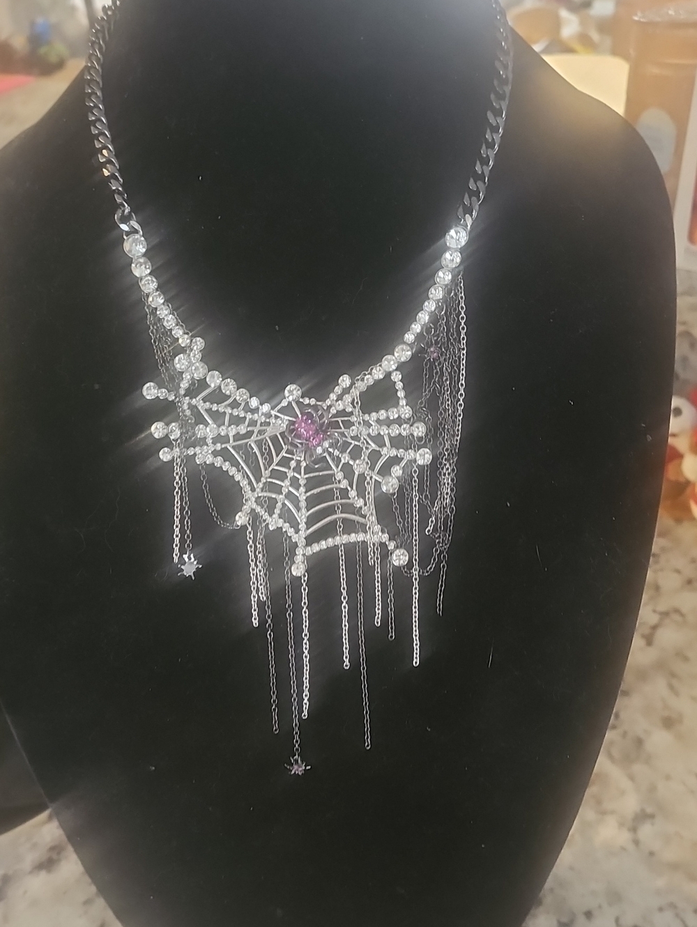 Betsey Johnson Silver Spiderweb Fringe Necklace with Purple Spider Center
